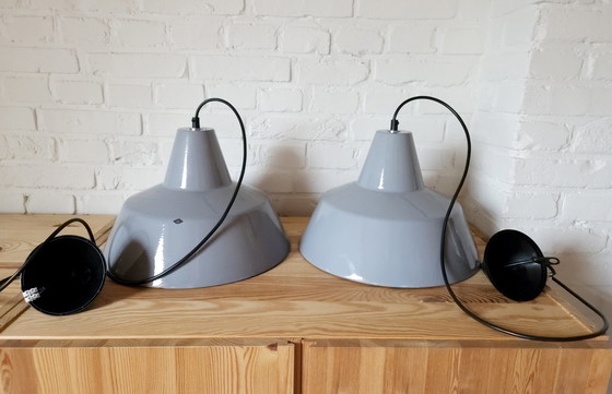 Image 1 of Set Of 2 Gray Enamel Industrial Pendant Lamps