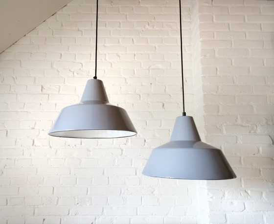 Image 1 of Set Of 2 Gray Enamel Industrial Pendant Lamps