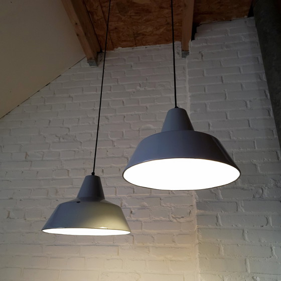 Image 1 of Set Of 2 Gray Enamel Industrial Pendant Lamps