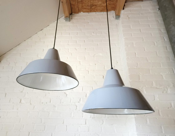 Image 1 of Set Of 2 Gray Enamel Industrial Pendant Lamps