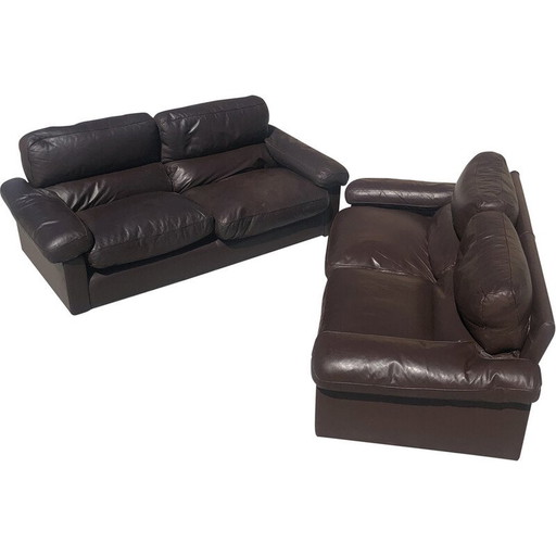 Pair of vintage chocolate leather 3-seater sofas by Tito Agnoli for Poltrona Frau, 1970