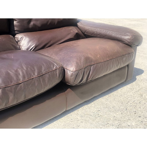 Pair of vintage chocolate leather 3-seater sofas by Tito Agnoli for Poltrona Frau, 1970