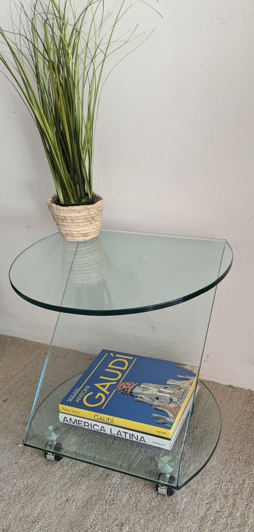 Space Age Glass Design Side Table With Wheels