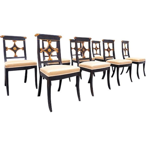 Set of 8 vintage black and gold dining chairs, Belgium
