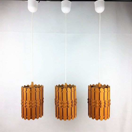 Image 1 of Set of 3 Vintage Scandinavian pine pendant lamps 1960