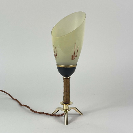 Image 1 of Tripod Brass Wicker and Opaline Glass Table Lamp