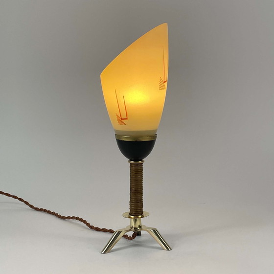 Image 1 of Tripod Brass Wicker and Opaline Glass Table Lamp