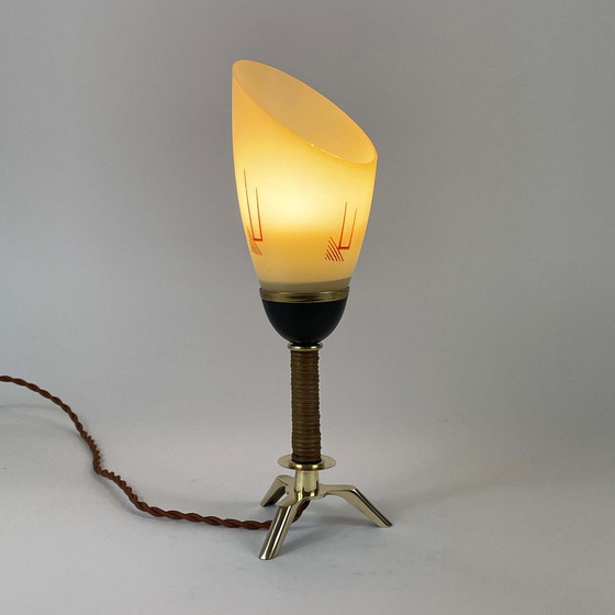 Image 1 of Tripod Brass Wicker and Opaline Glass Table Lamp