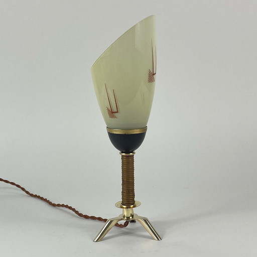 Tripod Brass Wicker and Opaline Glass Table Lamp