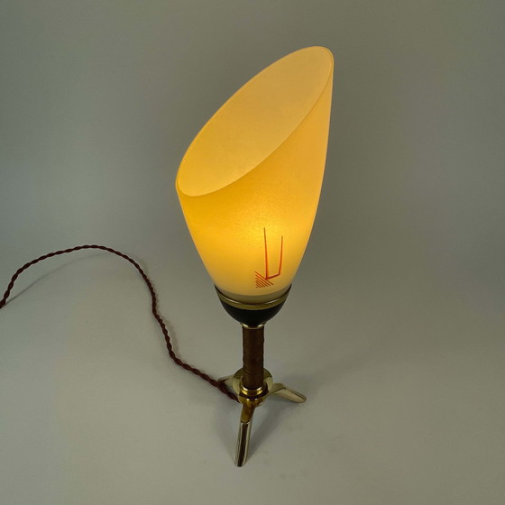 Image 1 of Tripod Brass Wicker and Opaline Glass Table Lamp