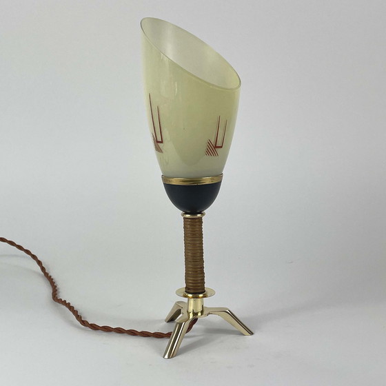 Image 1 of Tripod Brass Wicker and Opaline Glass Table Lamp