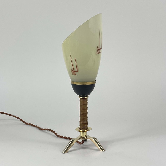 Image 1 of Tripod Brass Wicker and Opaline Glass Table Lamp