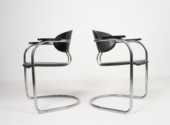 Image 1 of 4x Effezeta faux-leather and wood cantilever chairs 1980 Italy