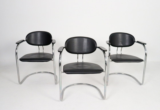 Image 1 of 4x Effezeta faux-leather and wood cantilever chairs 1980 Italy