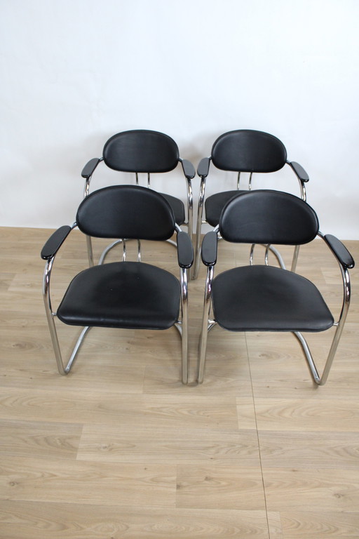 4x Effezeta faux-leather and wood cantilever chairs 1980 Italy