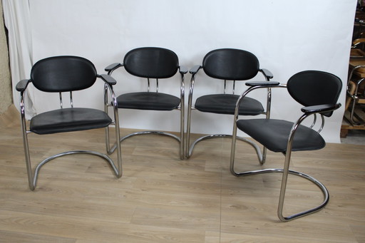 4x Effezeta faux-leather and wood cantilever chairs 1980 Italy