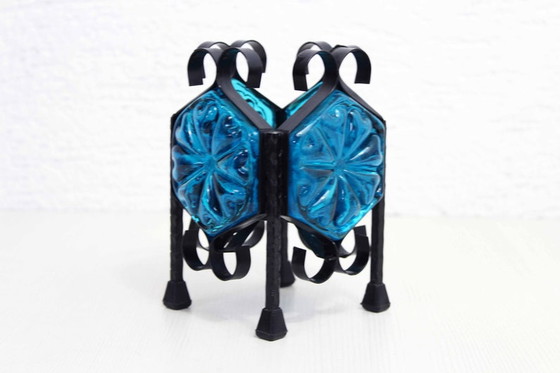 Image 1 of Beautiful candlestick in iron and blue glass