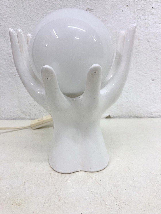 Image 1 of Ceramic glass table lamp ball in 2 hands 80s design