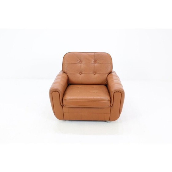 Image 1 of Sillón de cuero marrón claro de mediados de siglo con ruedas - década de 1970