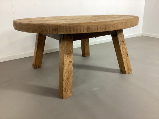 Beautiful Solid Oak Round Brutalist Coffee Table