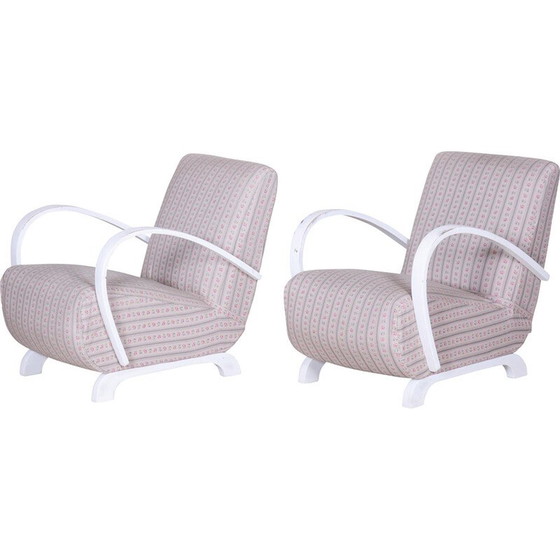 Image 1 of Pair of vintage white Art Deco beechwood armchairs, Czechia 1930s