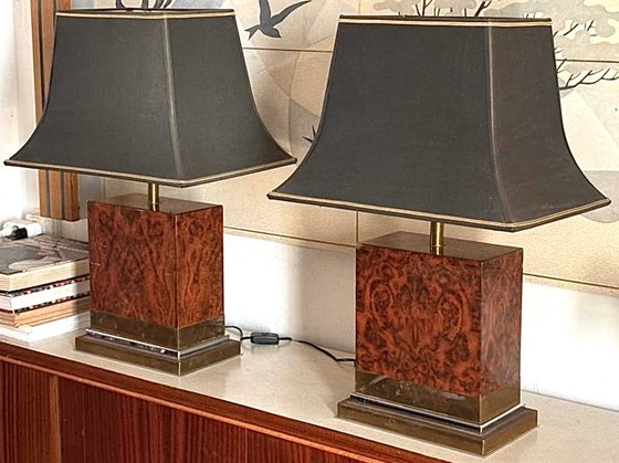 Image 1 of Pair of burl and copper table lamps by Jean Claude Mahey 