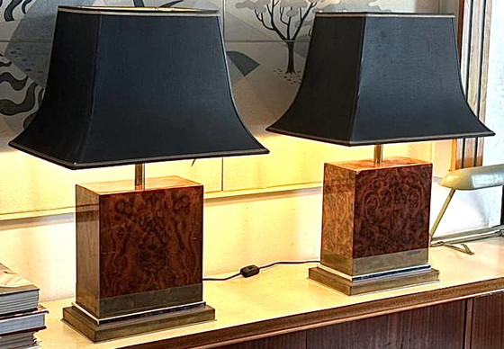 Image 1 of Pair of burl and copper table lamps by Jean Claude Mahey 