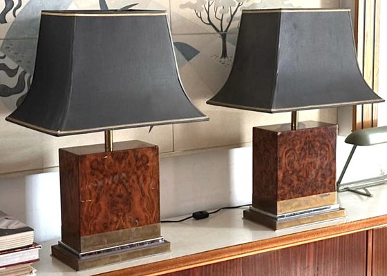 Image 1 of Pair of burl and copper table lamps by Jean Claude Mahey 