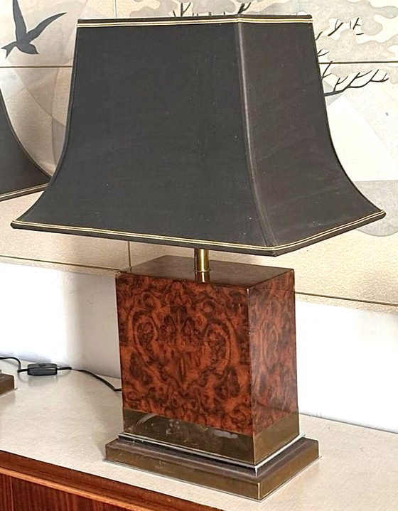 Image 1 of Pair of burl and copper table lamps by Jean Claude Mahey 