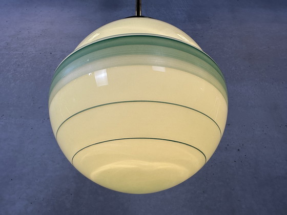 Image 1 of Art deco pendant lamp green opaline and brass fixture