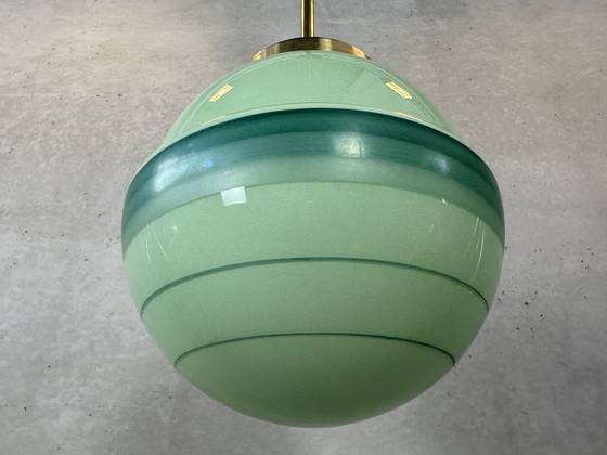 Image 1 of Art deco pendant lamp green opaline and brass fixture