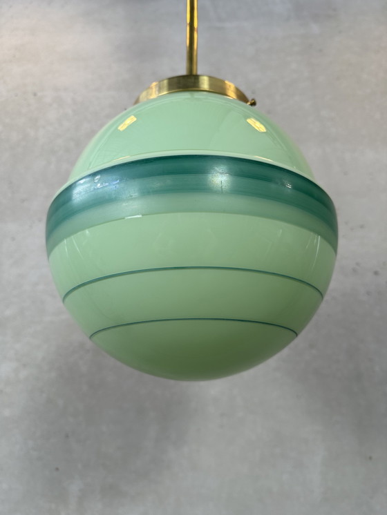 Image 1 of Art deco pendant lamp green opaline and brass fixture