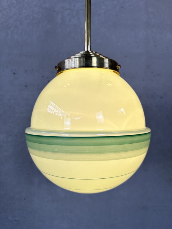 Image 1 of Art deco pendant lamp green opaline and brass fixture