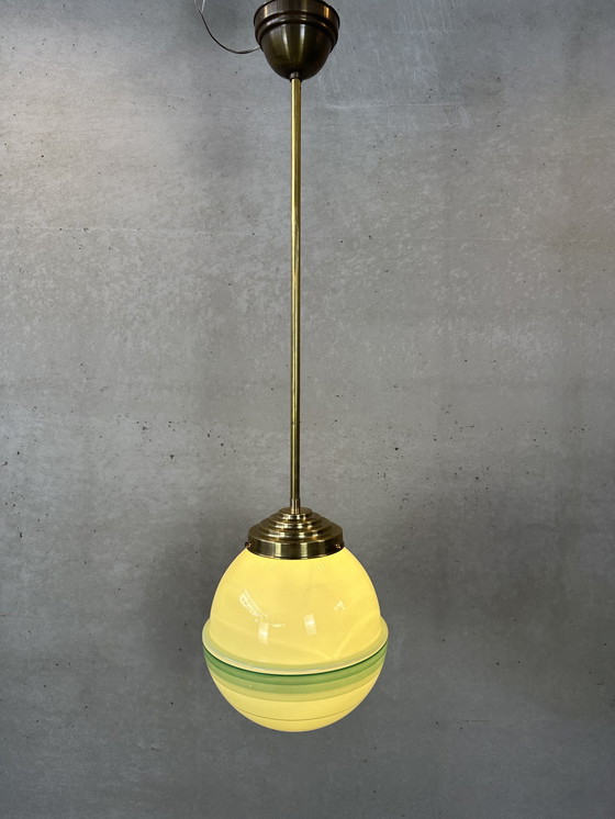 Image 1 of Art deco pendant lamp green opaline and brass fixture