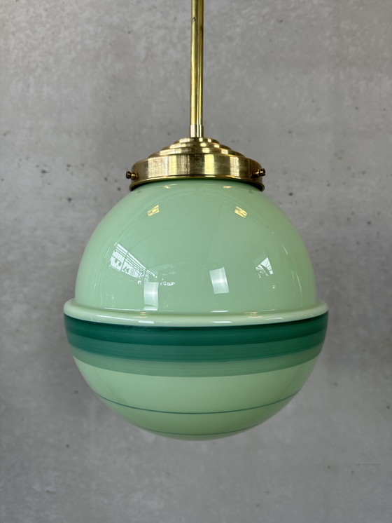 Image 1 of Art deco pendant lamp green opaline and brass fixture