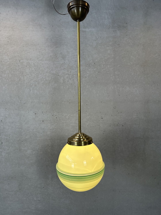 Image 1 of Art deco pendant lamp green opaline and brass fixture