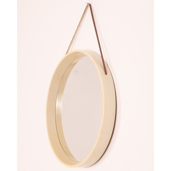 Image 1 of Vintage round wall mirror with leather and plastic frame, Denmark 1960s