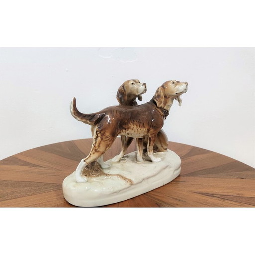Vintage glazed ceramics statuette of hunting dogs, Czechoslovakia
