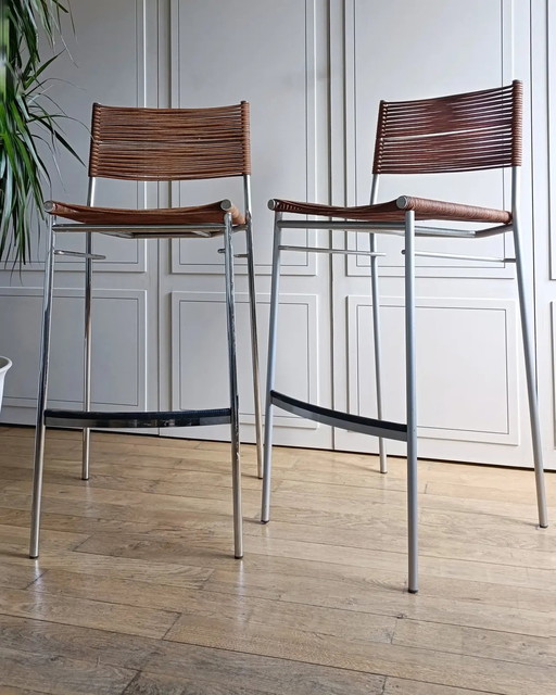 2x Italian Leather Bar Stools, Model Miss B By Tito Agnoli