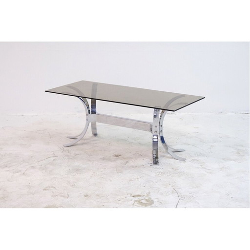 Vintage chrome-plated steel and thick smoked glass coffee table, 1960