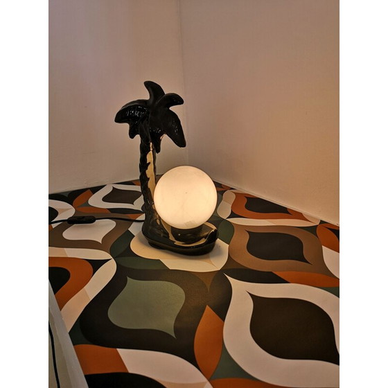 Image 1 of Vintage black ceramic palm tree lamp with opaline globe, 1970