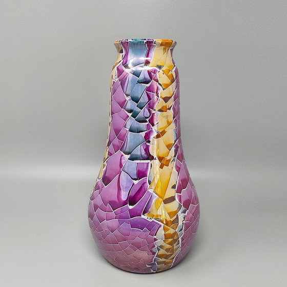 Image 1 of 1990S Astonishing Giuseppe Locci Polycrome Craquelé Vase In Sardinian Ceramic. Made In Italy