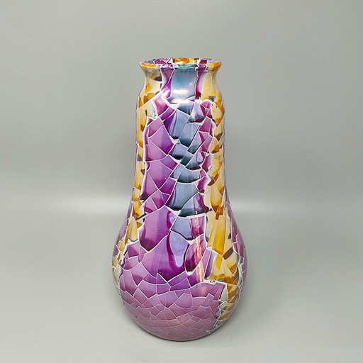 1990S Astonishing Giuseppe Locci Polycrome Craquelé Vase In Sardinian Ceramic. Made In Italy