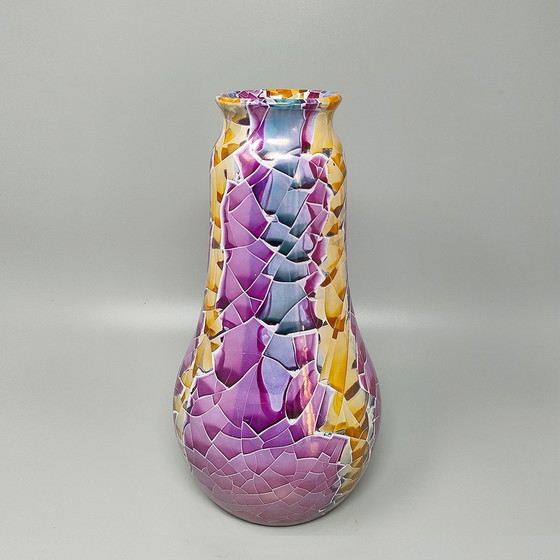 Image 1 of 1990S Astonishing Giuseppe Locci Polycrome Craquelé Vase In Sardinian Ceramic. Made In Italy