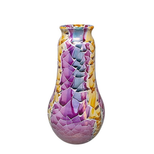 1990S Astonishing Giuseppe Locci Polycrome Craquelé Vase In Sardinian Ceramic. Made In Italy