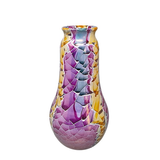 Image 1 of 1990S Astonishing Giuseppe Locci Polycrome Craquelé Vase In Sardinian Ceramic. Made In Italy