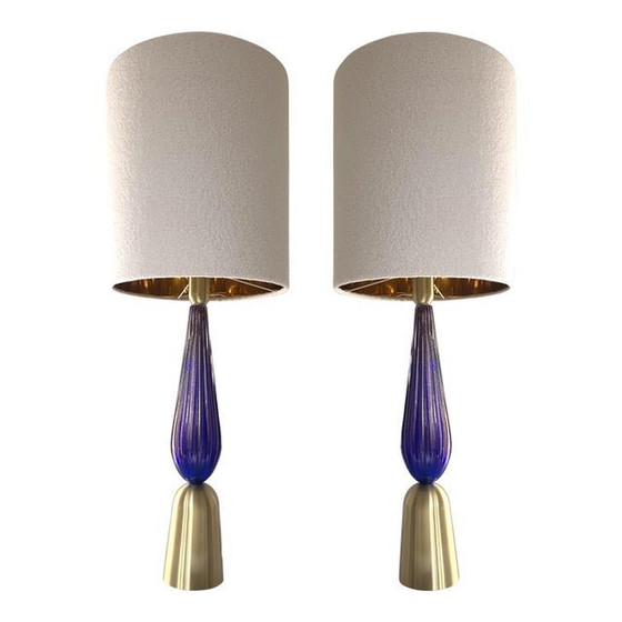 Image 1 of Set Of 2 Contemporary Gold And Blue Murano Glass Table Lamps With Gold Leaf