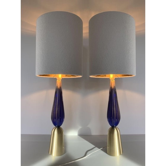 Image 1 of Set Of 2 Contemporary Gold And Blue Murano Glass Table Lamps With Gold Leaf