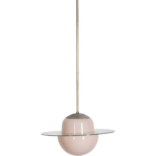 Vintage chandelier in metal and pink glass lampshade, 1950s
