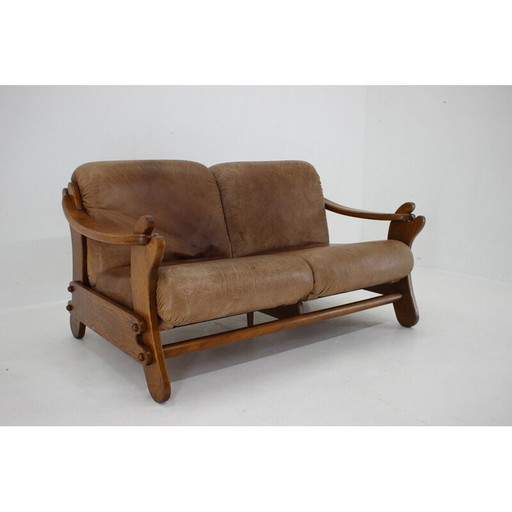 Vintage oak and leather sofa, Holland 1970